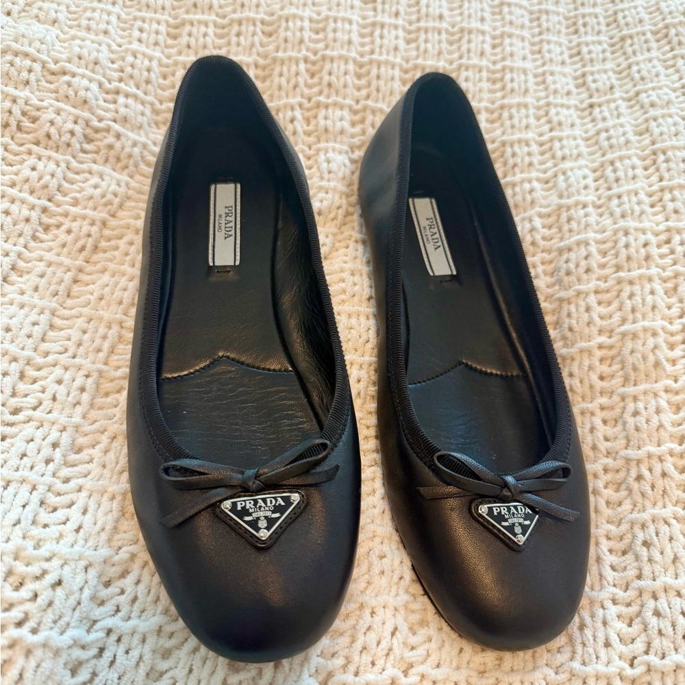 Prada Black Leather Ballet Flats with Triangle Logo